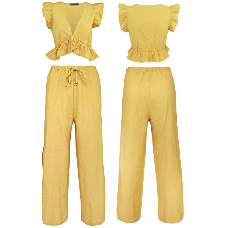 FANCYINN Womens 2 Pieces Outfits Deep V Neck Crop Top Side Slit Drawstring Wide Leg Pants Set Jumpsuits Turmeric S - Image 5